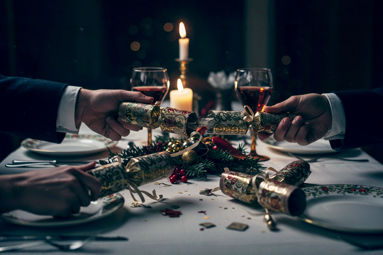 A professional, lifelike photograph depicting a Victorian-era dining table set for Christmas. In the center, a collection of ornate, antique Christmas crackers made of rich, patterned paper and tied with silk ribbons. One cracker is being pulled apart by two hands (one male, one female, in period attire), captured at the exact moment of the 'snap' with a subtle, warm spark of light. The lighting is glowing and atmospheric, reminiscent of gas lamps and candlelight, casting soft shadows. The mood is one of festive anticipation, nostalgia, and intimate celebration. Style: Cinematic, historical realism.