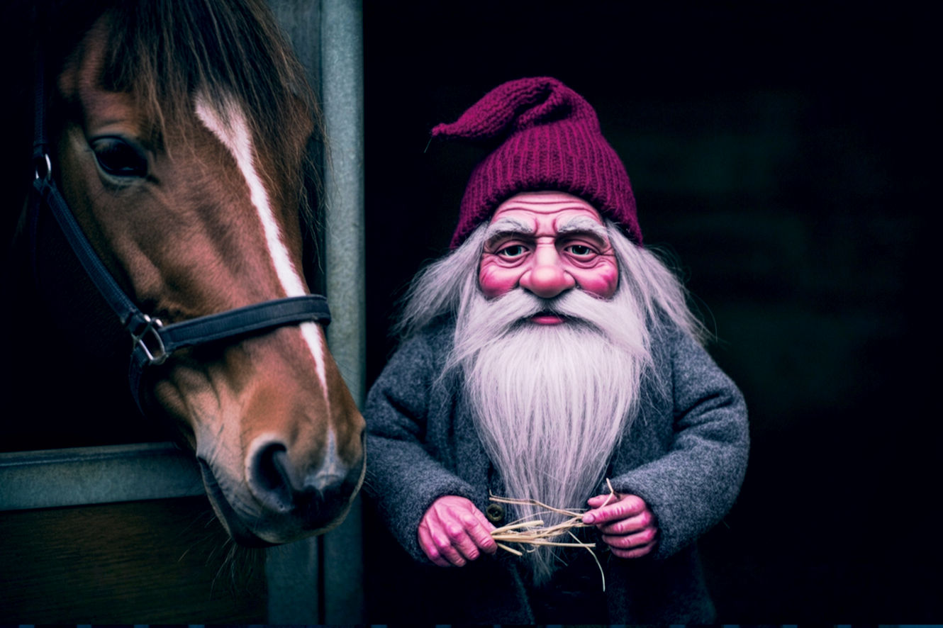 A vibrant, professional photograph capturing a moment of quiet magic. The subject is a single, traditional Scandinavian tomte, looking ancient but kind. He has a long, wispy white beard that touches the rough wooden floorboards of a rustic barn. He wears simple, grey woolen clothes and a classic, deep-red knit hat pulled down to cover his eyes completely. The tomte is caught in a candid moment, standing beside a stall where the nose of a calm, majestic workhorse is visible. He is holding a small, intricately braided piece of straw. The composition is intimate and slightly low-angle, making the tomte feel important. The lighting is warm and atmospheric, as if from a single lantern just out of frame, casting long, soft shadows and highlighting the texture of the wood, the straw, and the tomte's woolen clothes. The mood is deeply traditional, mysterious, and heartwarming, evoking a strong sense of hygge and old-world folklore.