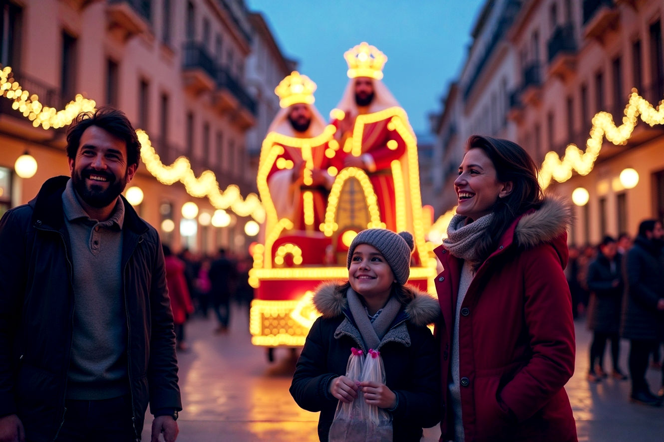 A highly detailed, decisive, and professional photography-style image. The scene is a bustling Spanish city square at dusk, filled with joyful people watching the "Cabalgata de Reyes" parade. The central focus is a highly ornate, brightly lit float featuring the Three Kings (Melchior, Caspar, and Balthasar), one of whom is smiling and waving to the crowd. In the foreground, a young Spanish family—a mother, father, and two children—is excitedly watching, with the children holding small bags for candy. The father has a friendly smile, and the mother is wearing a warm, stylish jacket. The city's classic architecture is visible in the background, with festive lights strung between buildings. The lighting should be a rich, warm golden hour glow, casting soft shadows and highlighting the vibrant colors of the parade. The mood is one of pure, unadulterated joy, magic, and community. The photo should feel authentic and cinematic.
