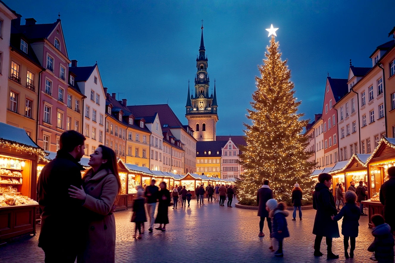 Professional photo of a vibrant, festive small town square at dusk during Christmas. The composition is a wide shot, capturing the full square with a large, beautifully decorated Christmas tree at the center. The town's historic buildings, with their unique architecture (e.g., Bavarian, colonial), are adorned with countless twinkling, warm-white lights. People are visible in the foreground and mid-ground, wrapped in cozy winter coats and scarves, laughing and enjoying a bustling Christmas market. A couple is holding mugs of mulled wine while a family with children looks up at the Christmas tree. The lighting is soft and magical, with a mix of ambient light from the market stalls and the glow of the tree's lights. The mood is joyful, warm, and inviting. The sky is a deep, velvety blue, contrasting with the golden and warm tones of the lights. Lifelike, professional photography, high-resolution, sharp focus on the central tree and market activity.