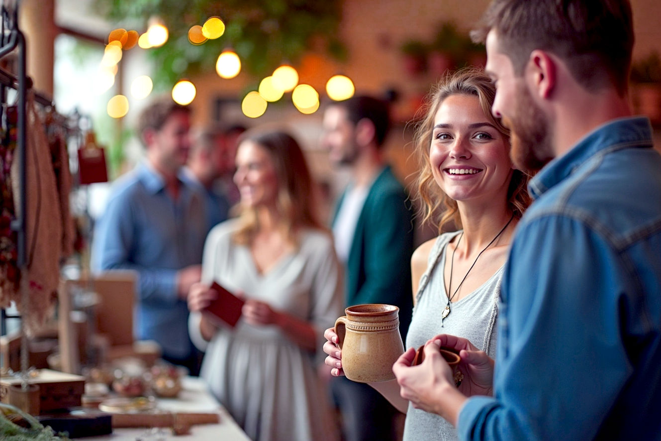 A lifelike, professional photography-style image captured with a high-end camera. The scene features a warmly lit, bustling local artisan market, with a group of people of all ages smiling and interacting. In the foreground, a young woman with a warm, genuine smile is holding a beautifully hand-thrown ceramic mug, while a man next to her examines a locally-made leather wallet. The background is slightly blurred (bokeh effect) to focus on the people and products, but hints at other stalls with vibrant, unique items like colorful textiles, gourmet food products, and handcrafted jewelry. The lighting is soft and golden, suggesting a late afternoon or cozy indoor setting. The composition is a close-up, horizontal shot that captures the genuine human connection and the beautiful craftsmanship of the products. The mood is joyful, community-oriented, and celebratory of small businesses.