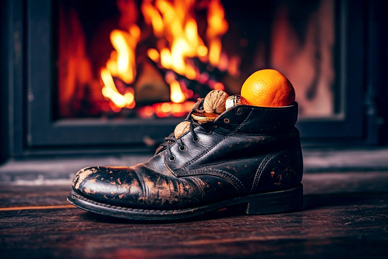 A professional, lifelike photograph capturing the quiet magic of Saint Nicholas' Eve. An antique, well-worn leather shoe sits on a rustic wooden floor beside a warm, glowing fireplace. The shoe is filled with simple, traditional treats: a bright orange, a few shiny walnuts, and some gold-foil-wrapped chocolate coins. A small, handcrafted wooden toy peeks out from the top. The lighting is soft and warm, coming primarily from the fire, creating long, gentle shadows and a nostalgic, intimate mood. The focus is sharp on the shoe, with the background softly blurred, evoking a sense of anticipation and wonder.