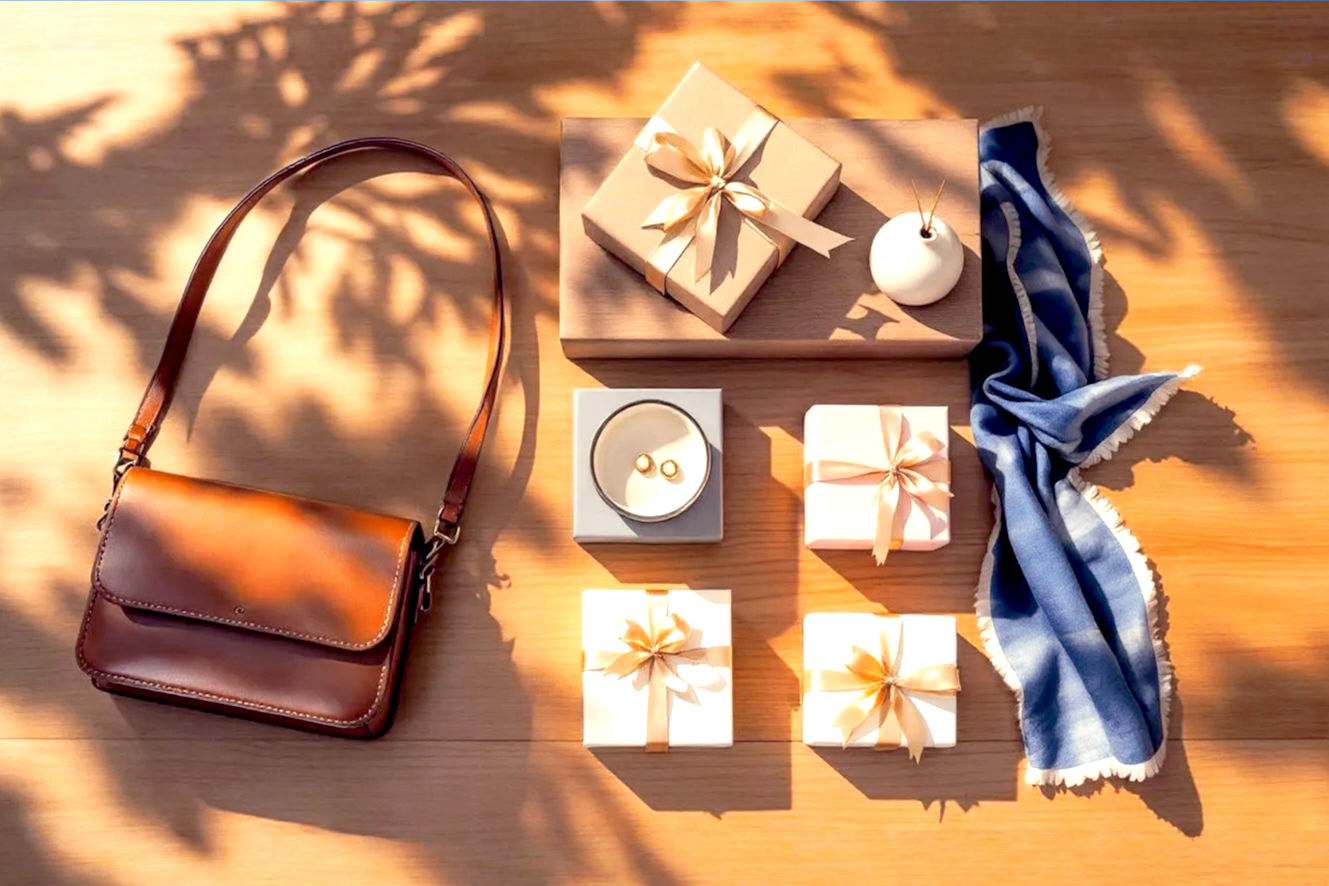 A lifelike, professional photography-style image. The Christmas scene is a beautifully arranged flat lay on a warm, textured wood surface. In the center is a carefully curated selection of diverse gifts for a woman: a small, elegant leather crossbody bag, a luxurious silk scarf, a high-end essential oil diffuser with a stylish ceramic vase, a pair of delicate gold earrings, and a stack of beautifully wrapped gift boxes tied with silk ribbon. The lighting is soft and warm, casting gentle shadows to create depth. The mood is sophisticated, inviting, and celebratory. The composition is clean and artistic, emphasizing the quality and thoughtfulness of the gifts. It should feel like a high-end magazine photograph, with impeccable focus and rich colors.