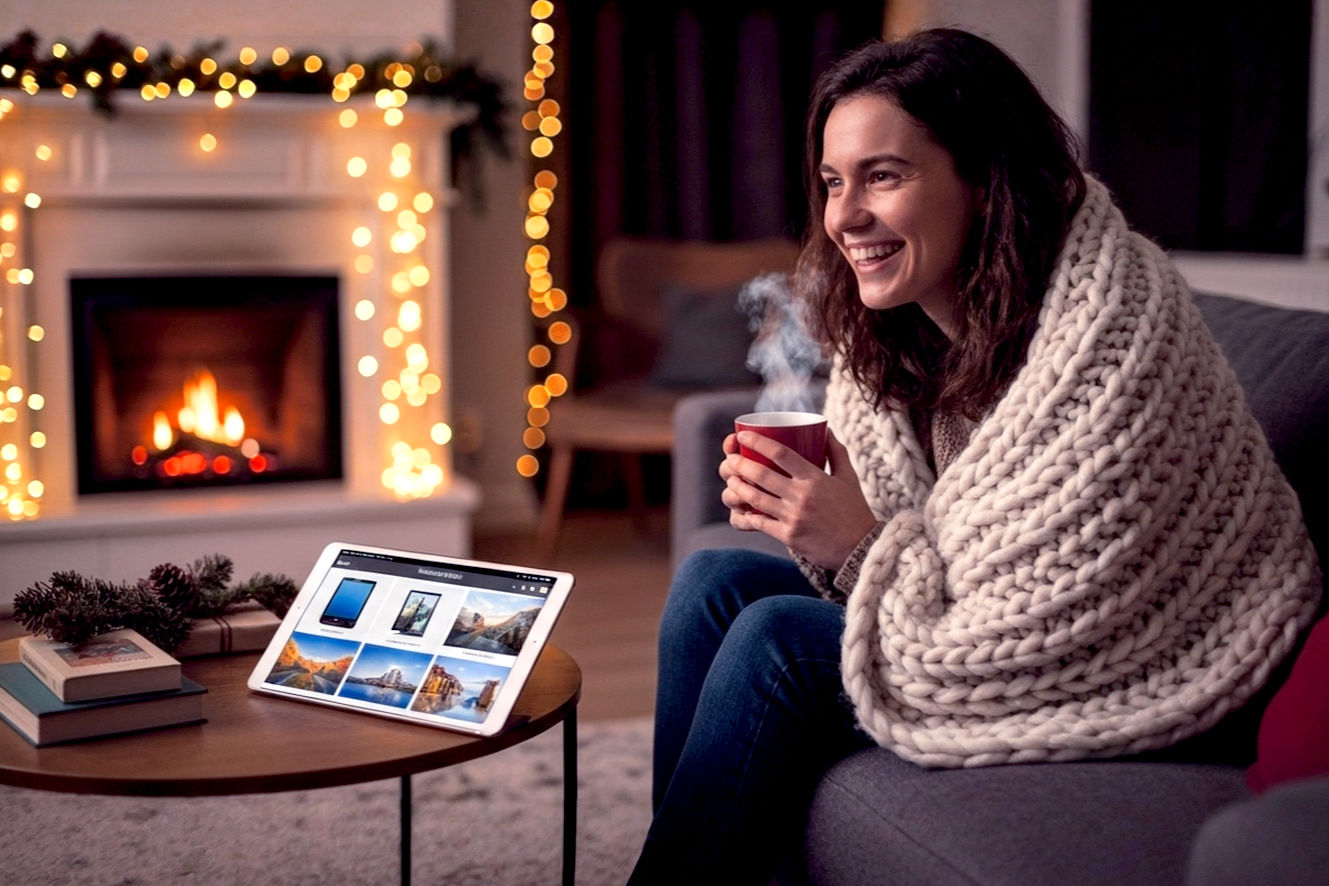 A cozy, high-quality professional photograph. A person with a warm, genuine smile is sitting on a plush sofa, wrapped in a chunky-knit blanket, holding a steaming mug. The scene is bathed in the soft, golden glow of warm Christmas lights and a fireplace in the background, creating a magical, inviting atmosphere. On a nearby coffee table, a tablet displays a digital wishlist with images of various tech gadgets, books, and travel destinations. The image should have a shallow depth of field, with the background beautifully blurred. Emphasize a sense of comfort, joy, and modern holiday dreaming. The style should be lifelike, cinematic, and professionally composed, with rich colors and perfect lighting.