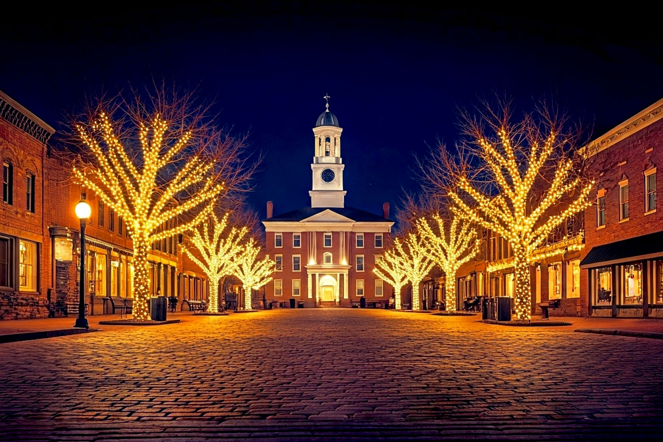 A professional, cinematic wide-shot photograph of a historic American town square, adorned with millions of tiny, glowing white Christmas lights. The lights should be wrapped around tree trunks and strung across cobblestone streets, creating a sense of a glowing, magical canopy. In the background, a historic building (like a city hall or an old hotel) is elegantly outlined in the same white lights, looking majestic and festive. The photo should be taken at dusk, with a deep indigo sky and a hint of a warm glow from the town's windows. The atmosphere should be serene, magical, and slightly vintage. The composition should lead the eye down the glowing street. No people are visible. The focus is on the light and the architecture. Use a professional DSLR camera with a wide-angle lens, and a low ISO to capture the scene without noise.