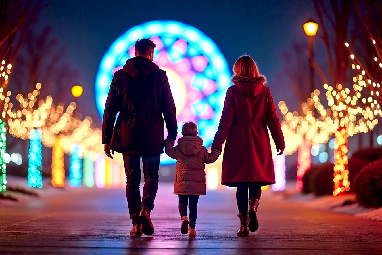 A professional, lifelike photograph of a young family walking together through a vibrant, illuminated pathway. The scene is set at night. The father is holding a young child's hand, while the mother is smiling and looking at the lights. In the background, there is a large, iconic, spinning Christmas light display. The foreground features a gentle bokeh effect from smaller, out-of-focus lights, creating a magical atmosphere. The lighting is warm and festive, with a mix of multi-colored lights. The mood is joyful, cozy, and full of holiday cheer. The family is dressed in stylish, layered winter clothing. The camera angle is eye-level, capturing the smiles and expressions of wonder on the family's faces. Shot with a prime lens, shallow depth of field, and a slightly elevated perspective. The aesthetic is cinematic and high-quality.