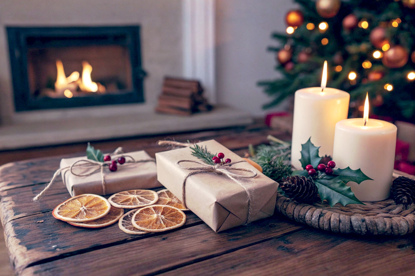 A professional, atmospheric photograph of a cozy, candlelit wooden table. On the table are several Yule gifts wrapped in simple brown paper, twine, and decorated with sprigs of holly and dried orange slices. In the background, a fireplace crackles warmly. The mood is serene, ancient, and deeply comforting, with soft, golden lighting and rich, earthy tones capturing the essence of a meaningful Winter Solstice celebration.