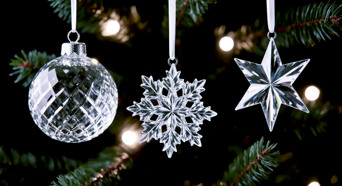A sophisticated, professional still-life photograph showcasing three distinct crystal ornaments against a dark, out-of-focus Christmas tree with soft white lights. In the center, a precisely-cut Swarovski annual edition snowflake hangs, its sharp facets creating a brilliant, diamond-like sparkle. To its left, a heavier, deeply-cut Waterford crystal ball with traditional wedge patterns refracts the light with a soft, prismatic glow. To its right, an elegant Baccarat star, known for its flawless clarity, gleams with pure, understated brilliance. The composition is a tightly framed trio, lit with gallery-style spot lighting to emphasize the unique sparkle and signature style of each brand, creating a mood of luxury, craftsmanship, and timeless elegance.