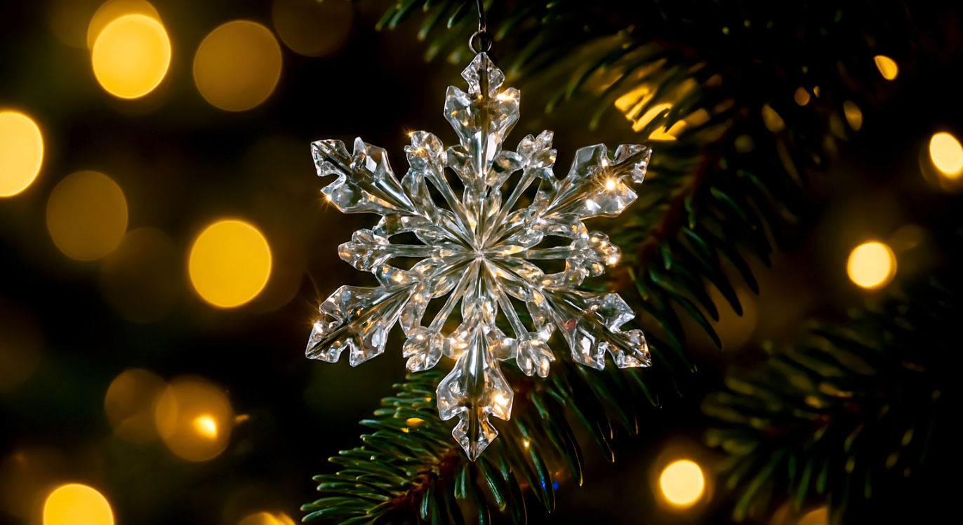 A professional, macro photograph of a stunning, intricately cut crystal snowflake ornament hanging on a lush green branch of a Christmas tree. The background is softly blurred, showing the warm, golden glow of out-of-focus Christmas lights (bokeh effect). The lighting is magical and warm, catching the sharp facets of the crystal ornament, causing it to sparkle brilliantly and cast small, colorful rainbow refractions on the nearby pine needles. The mood is elegant, festive, and nostalgic.